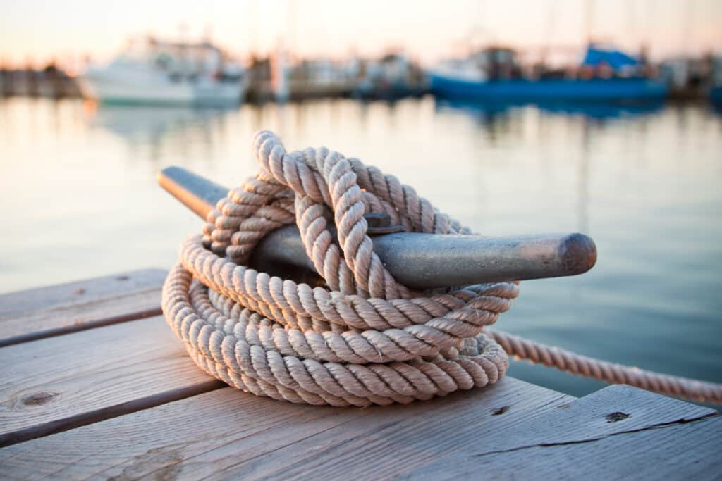 Dock boat rope tied up